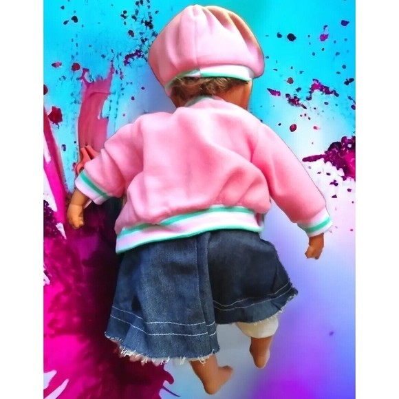 Excite USA Baby Doll Girl W Pink Coat Hat Denim Skirt 16" Soft Body Plastic Face - Picture 3 of 9
